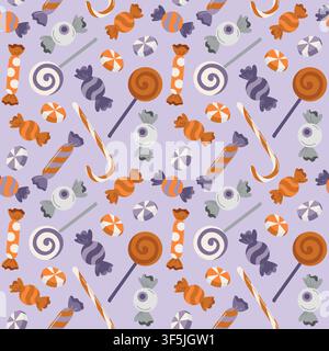 Halloween seamless background with trick-or-treat candies, sweets, candy cane and lollipop for textile, wallpaper, packaging Stock Vector