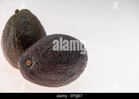 Horizontal studio still life of two whole ripe avocados placed close together on a white gradient background. The wide landscape format with open spac Stock Photo