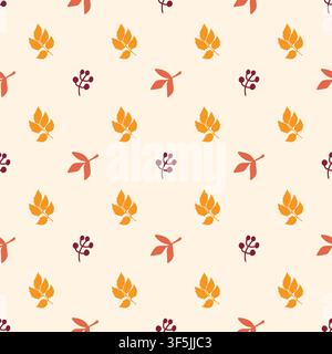 Vector seamless pattern with autumn leaves and berries on beige background. Minimal botanical print for back to school, thanksgiving, and paper. Stock Vector