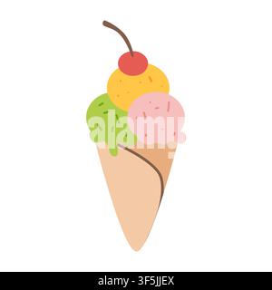 Vector illustration of colorful ice cream cone with yellow green pink scoops and cherry. Sweet dessert icon for summer, birthday, or restaurant design. Stock Vector