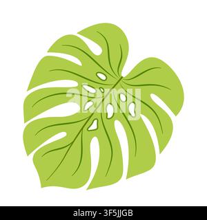 Vector illustration of a vibrant green monstera leaf on white background. Tropical plant icon for summer design, logo, print, and natural decor. Stock Vector