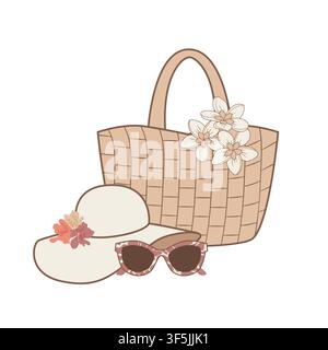 Vector illustration of summer beach accessories set with straw tote bag, sun hat, and sunglasses. Set for vacation, resort, and fashion design. Stock Vector