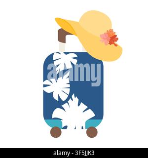 Vector illustration of a blue suitcase with tropical monstera leaf print and a yellow floral sun hat. Concept for summer travel, resort, and heatwave. Stock Vector