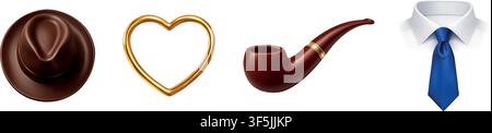 Fathers Day icon collection with hat, heart, pipe and necktie isolated on white background. Gentleman symbol set Stock Vector