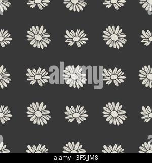 Vector seamless pattern with graphic daisy flowers on dark gray background. Vintage floral background for textile, cosmetic packaging, and wallpaper. Stock Vector