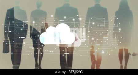 Cloud computing infrastructure for business data storage and enterprise collaboration featuring digital network overlay and professional team Stock Photo
