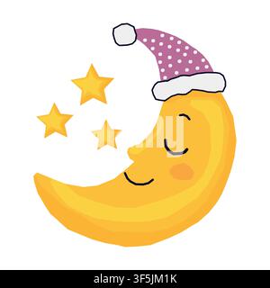 Cute sleeping moon cartoon vector illustration isolated on white background Stock Vector