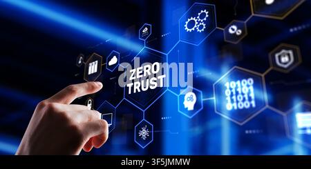 Zero Trust security model system for enterprise cybersecurity and data protection with hand interaction Stock Photo