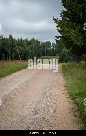 Empty winding gravel road crosses rolling countryside beneath storm clouds Stock Photo