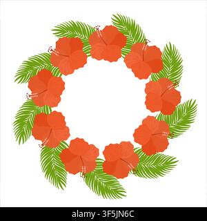 Vector illustration of a round tropical wreath. Red hibiscus flower and green palm leaf circular frame for cosmetics packaging, tea label, and spa card. Stock Vector