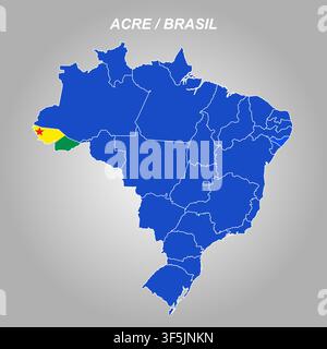 Map of the State of Acre filled with its flag, highlighted on the map of Brazil Stock Vector