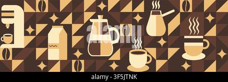 Geometric coffee pattern in minimalist bauhaus style. Abstract print background with simple shapes for coffee shop, food packaging, cafe wall, menu. Stock Vector