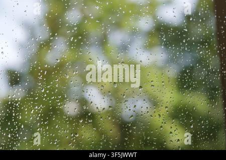 Raindrops on a window pane after a summer rain shower. Stock Photo