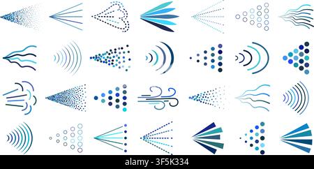 Spray mist icon pack isolated on transparent background. Blue spray steam icons. Fluid, air, aerosol cloud, nebulizer, steam spraying symbols set. Vec Stock Vector