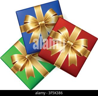 Minimal composition of colorful gift boxes with golden bows on white background festive birthday celebration template Stock Vector