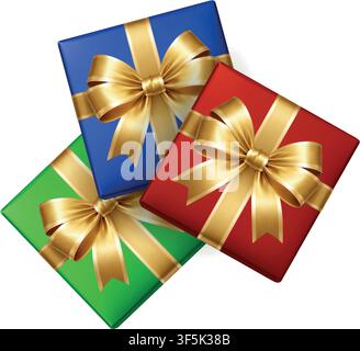 Minimal composition of colorful gift boxes with golden bows on white background festive birthday celebration template Stock Vector