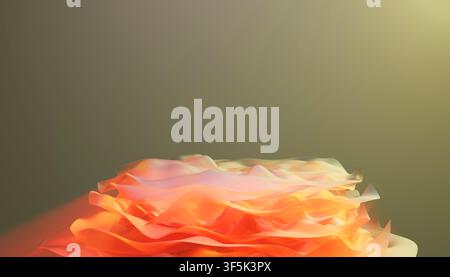Abstract close-up of translucent orange fabric arranged in soft layered folds, glowing with warm light against a muted background. Delicate texture cr Stock Photo