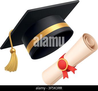 Floating graduation cap and diploma certificate with red ribbon seal realistic 3D education icon Stock Vector