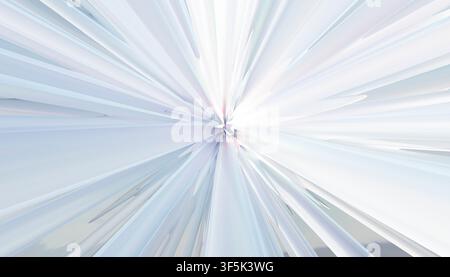 Abstract geometric render of luminous white and pale blue radial lines converging at a central point, creating a dynamic burst background with depth, Stock Photo