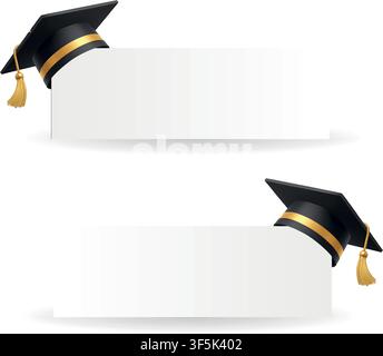 Graduation caps on blank horizontal banners with copy space. Realistic 3D academic template for education design Stock Vector