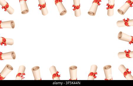 Diploma certificate border frame with rolled graduation scrolls and red ribbons on white background Stock Vector