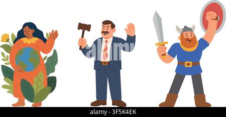 Set of three cartoon characters. Eco friendly mother earth, professional judge with gavel and strong viking warrior flat vector illustration Stock Vector