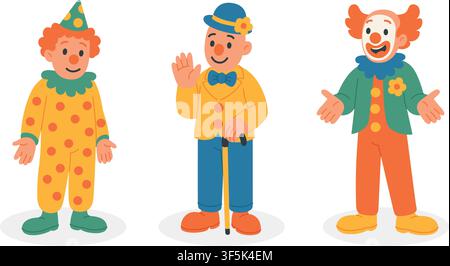 Set of three funny cartoon clowns in colorful costumes. Flat vector illustration of diverse circus characters with hats, cane and happy smiles Stock Vector
