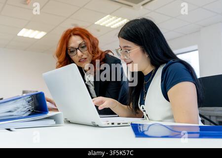 MBA student works on a laptop with a business professor during an academic advising session, reviewing coursework and documents in a modern university Stock Photo