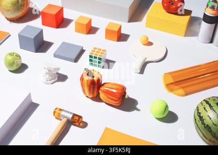 Contemporary still life flat lay of geometric blocks, fruit, toy ball, paddle, mallet, and Rubik cube on a white surface with bright light and crisp s Stock Photo
