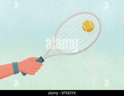 Abstract pastel illustration with layered wavy bands, a mustard yellow circle, coral blocks, dark teal accents, and a subtle grid on a textured blue a Stock Photo