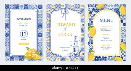 Italian set cards template design. Mediterranean ceramic patterns and tiles with lemons in blue, white and yellow tones. Banners for invintation menu Stock Vector