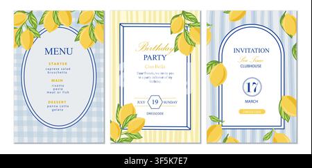 Italian set cards template design. Mediterranean ceramic patterns and tiles with lemons in blue, white and yellow tones. Banners for invintation menu Stock Vector