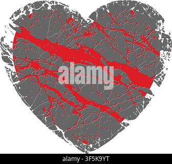 A bold and emotionally charged heart shape rendered in rough gray stone texture, its crumbling and fractured surface dramatically split by vivid red diagonal streaks that tear through the armor from within. The red color bleeds and splashes through the cracks and gaps of the shattered stone shell, powerfully visualizing the concept of a true loving heart breaking free from emotional walls, inner barriers, and self-protection. The rough, eroded edges of the silhouette reinforce the raw, organic feeling of something real and passionate forcing its way to the surface. Set against a clean white ba Stock Vector