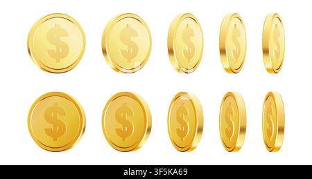 Rotating Gold Dollar Coins Set on Isolated Background Stock Vector