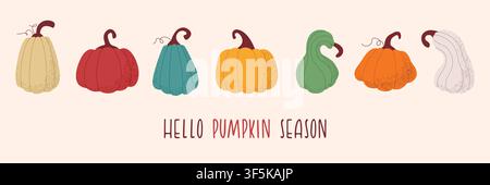 Autumn pumpkins collection isolated on white background. Flat vector illustration of colorful autumn gourds and squash with Hello Pumpkin Season text. Stock Vector