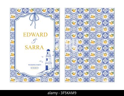 Summer cards template with blue tiles and lemons. Italian vacation design for invintation, menu, wedding, party. Mediterranean illustration.  Stock Vector