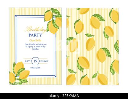 Mediterranean cards template design with tiles and lemons. Set ceramic patterns banners. Vector set for invintation, menu, wedding, party. Stock Vector