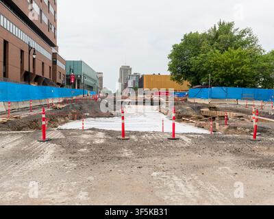 Ongoing construction work along Berri and Ste-Catherine street in downtown Montreal. Stock Photo