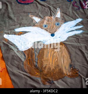 Close up of a cute fox illustration painted with acrylics on textile Stock Photo