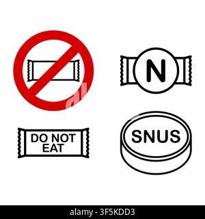 Snus warning icons set with tobacco pouch ban sign, nicotine packet and round tin box outline Stock Vector