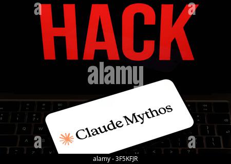 Claude Mythos logo displayed on a smartphone against a red HACK warning in an artificial intelligence cybersecurity concept. Stafford, United Kingdom, Stock Photo