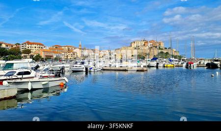 Picturesque panorama of the ancient Corsican port town of Calvi, Corsica, France. Stock Photo