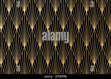 Golden ornament in Art Deco or Bohemian style on black background. Luxury geometric print with repeated rhombus and lines shapes. Elegant gold minimalistic wallpaper. Vector illustration. Stock Vector