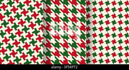 Set of houndstooth and pepita patterns in green and red Christmas colors. Plaid, scarf, tablecloth or wrapping paper prints. Classical tweed or flannel fabric ornaments. Vector flat illustration. Stock Vector