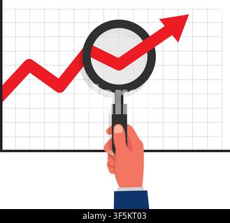 hand holding magnifying glass to inspect financial market growth chart line with red arrow pointing up on grid background. Stock Vector