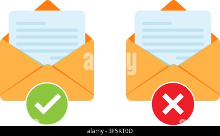 open orange envelopes containing letters with green checkmark and red cross mark symbols for mail validation concept Stock Vector