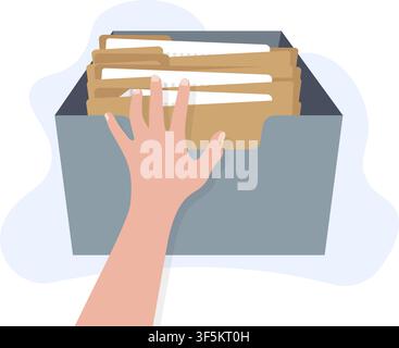 an illustration showing a hand opening a storage box containing paper document folders for office file management. Stock Vector