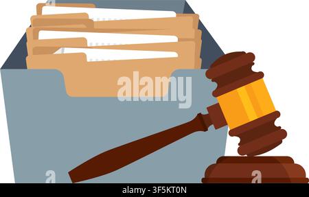 open archive file box with document folders placed beside a judge gavel representing law justice and court proceedings. Stock Vector