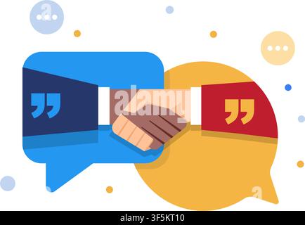 illustration of handshake in speech bubbles showing business agreement communication partnership deal dialogue and quote Stock Vector