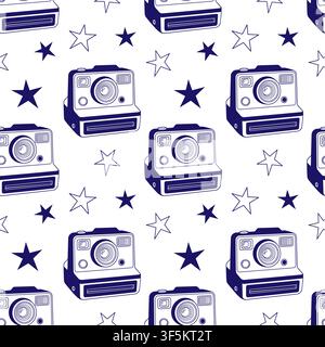 Seamless pattern with retro instant camera and stars in hand drawn outline style on white background. Vector design Photo Thematic wallpaper backdrop, textiles, wrapping paper, packaging and scrapbook Stock Vector